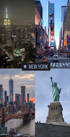 the new york city skyline is shown in four different pictures