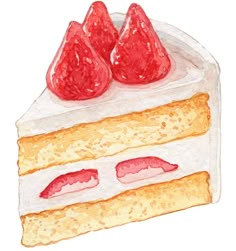 a piece of cake with strawberries on top is drawn in watercolor and ink