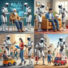 four different pictures of people with robots in the living room