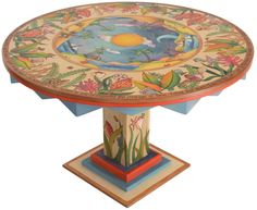 an elaborately painted table with flowers and plants on it's pedestal, against a white background