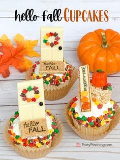 three cupcakes decorated with candy and fall decorations