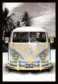 an old vw bus parked in the snow with palm trees behind it on a cloudy day