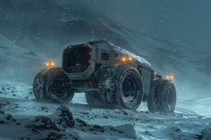 a futuristic vehicle driving through the snow with bright lights on it's tires and wheels