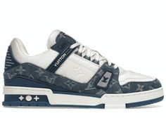 Check out the Louis Vuitton LV Trainer Monogram Denim White Blue available on @StockX Zapatillas Louis Vuitton, Louis Vuitton Sneaker, Louis Vuitton Trainers, Louis Vuitton Sneakers, Denim Sneakers, Comme Des Garcons Play, Lv Monogram, Hot Sneakers, Louis Vuitton Shoes