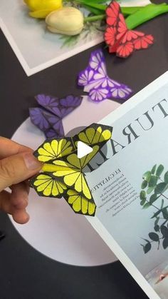 a person holding up a book with paper butterflies on the cover and in front of it