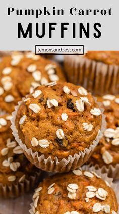 pumpkin carrot muffins stacked on top of each other with oats in the middle