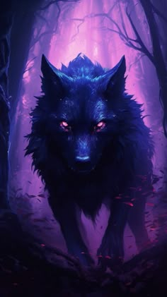 a wolf with red eyes walking through a forest filled with trees and leaves at night