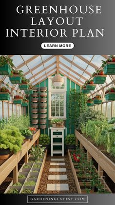 the greenhouse layout for an interior plan with lots of plants and flowers in pots on each side