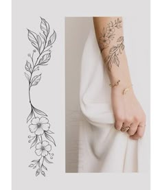 a woman's arm with flowers and leaves on it, next to an image of the