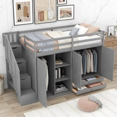 a loft bed with stairs and storage underneath