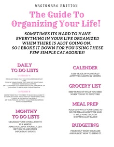 the guide to organizing your life is shown in this pink and white brochure