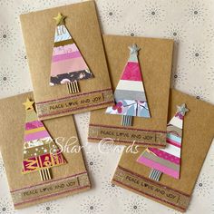 three christmas cards with different designs on them, one has a tree and the other has a star