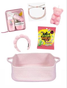 the contents of a pink doll's purse and accessories