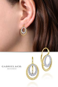 Stylish drop earrings featuring an oval of 14k white gold and pave diamonds nestled within a larger oval of twisted 14k yellow gold. Mix and match these versatile .39ct diamond drop earrings for enviable everyday sophistcation. EG13432M45JJ #Earrings #FashionEarrings #FineJewelry#FashionJewelry #GabrielNY #DiamondJewelry #FineJewelry #GabrielAndCo #UniqueJewelry Oval Gold Diamond Earrings, Luxury Gold Oval Diamond Earrings, Gold Oval Earrings With Diamond Accents, Gold Oval Diamond Earrings With Accents, Oval Gold Earrings With Diamond Accents, Oval Yellow Gold Diamond Earrings, Gold Oval Earrings With Elegant Design, Luxury Yellow Gold Oval Diamond Earrings, Oval 14k Gold Earrings With Diamond Accents