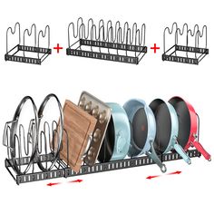 the rack has many different types of pots and pans on it, including one with handles