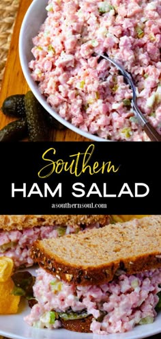 the ham salad has been made with bread and is ready to be eaten