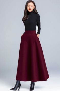 Plus Size Long Skirts, Wool Maxi Skirt, Spring Skirt Outfits, Plus Size Skirt, Skirt Outfits Fall, Burgundy Skirt