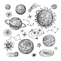 the solar system and its planets in black and white ink on a white paper background