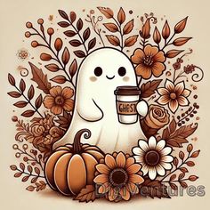 a ghost holding a cup of coffee surrounded by flowers