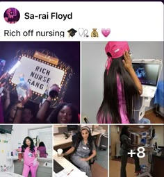 several pictures of women in pink outfits and one has a sign that says rich nurse gang