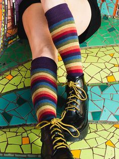 Iris Rainbow Over the Knee Sock – RocknSocks Fitted Multicolor Socks For Fall, Playful Multicolor Knee-high Socks, Knee High Socks Outfit, High Socks Outfits, Striped Knee High Socks, Brown Cargo Pants, Rainbow Socks, Striped Flats, Sock Outfits