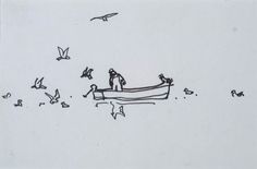 a drawing of two people in a boat with seagulls and birds flying around