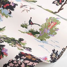 an image of a wallpaper with birds and flowers on it's side,