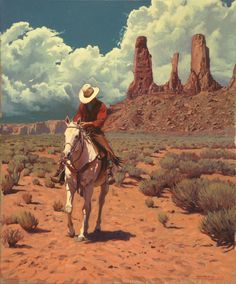 a painting of a man riding on the back of a white horse across a desert