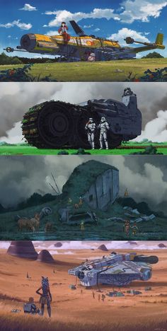 four different scenes from the animated movie star wars, including an old tank and some other vehicles