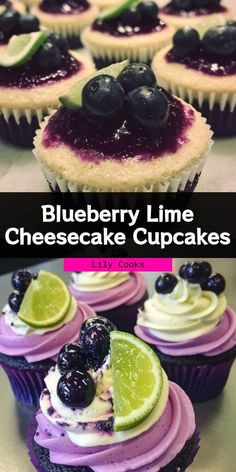 blueberry lime cheesecake cupcakes are on display