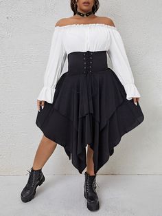 Preto e Branco elegante Collar Manga Comprida Tecido Bloco de cores Em A Embellished Não elástico Plus Size Halloween Costumes For Women, Plus Size Witchy Outfits, Queen Outfits Royal, Reign Outfits, Alternative Fashion Plus Size, 2 In 1 Dress, Queen Outfits, Drag Queen Outfits, Plus Size Halloween Costume