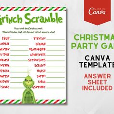 the grinch scrabble christmas party game is shown with an elf's hat on