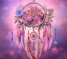 a pink dream catcher with roses and feathers in the sky, on a purple background