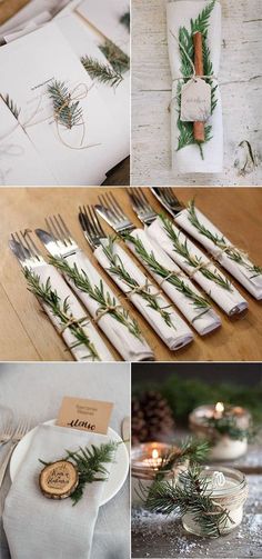 the table is set with silverware, napkins and greenery on top of it