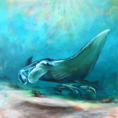 a painting of a whale swimming in the ocean