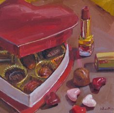 an oil painting of a heart shaped box filled with chocolates and other candy items