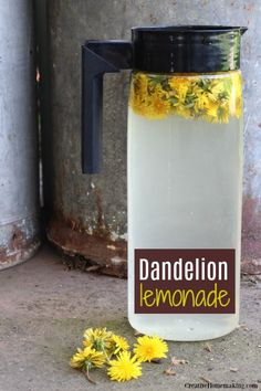 dandelion lemonade in a glass jar next to yellow flowers on the ground