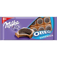 milka oreo sandwich with chocolate filling on the front and an image of cookies in the back