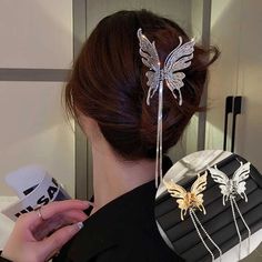 Introducing the Femlion Butterfly Tassel Hair Claw, a stunning accessory designed for the modern woman who values style and sophistication. This exquisite hair clip from our collection is a must-have for those who appreciate high-quality craftsmanship and attention to detail.  Crafted with precision and care, this hair claw is a true statement piece that exudes elegance and charm. The geometric barrette design adds a touch of uniqueness and flair to any hairstyle, making it perfect for a variety Silver Hair Clip, Hair Accessories Collection, Hair Decorations, Accessories Collection, Hair Barrettes, Silver Hair, Watch Necklace, Hair Claw, Elevate Your Look