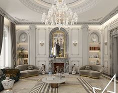 an elegant living room with chandelier and sofas