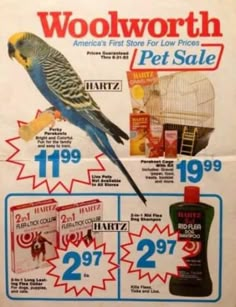 an advertisement for woolworth's pet sale with a bird in the cage and other items