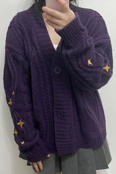 aesthetic purple cardigan with star embroidery on the sleeves from boogzel Cardigan Outfit Purple, Cottagecore Outfits Purple, Crochet Cardigan Purple, Dark Purple Cardigan Outfit, Purple Academia Aesthetic Outfit, Purple Cottagecore Outfit, Dark Academia Outfit Purple, Astro Academia Outfit, Purple Sweater Aesthetic