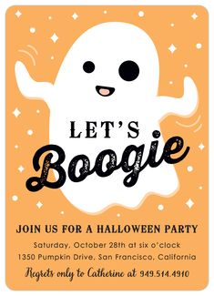 a halloween party with a ghost on it's face and the words let's boogie