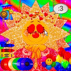 an image of a cartoon character surrounded by balloons and other items on a rainbow colored background