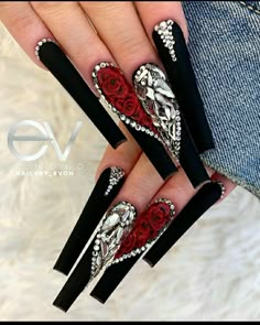 Black Red Gold Nails, Santa Muerte Nails, Black Glam Nails, Purple Acrylic Nails, Red Acrylic Nails, Fall Nail Ideas, Nail Art Designs Videos