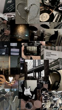 a collage of photos with various objects and words on them, including an image of a person holding a camera