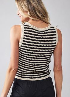 100% Cotton Cozy Fitted Top For Day Out, Cozy Fitted Tops For Day Out, Cotton Pointelle Knit Sweater Vest With Crew Neck, Striped Textured Knit Top For Layering, Striped Knitted Cotton Top, Fall Cotton Sweater Vest With Pointelle Knit, Fall Cotton Pointelle Knit Sweater Vest, Cotton Pointelle Knit Sweater Vest For Fall, Chic Textured Knit Sweater Vest