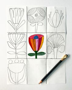 four squares with flowers drawn on them and a pencil in the middle one has an orange flower