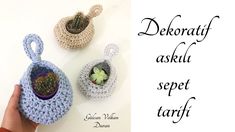 three crocheted baskets with small succulents in them and the words, dekobatf asaslu speech tarfi