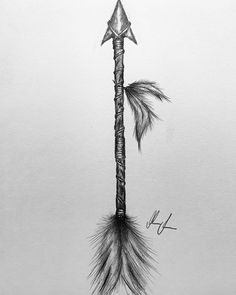 a pencil drawing of a tree with an arrow on it's tip and some feathers